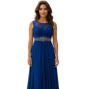 Cachet Size 8 Ruched Bodice Formal Maxi Gown Cobalt Blue With Silver Embroidery